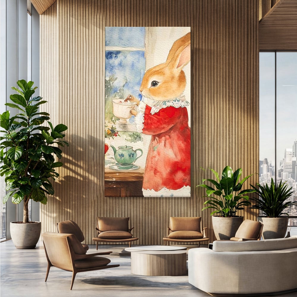 Tablou canvas cu tablou canvas cu iepuras care bea ceai, fara rama, pe sasiu de lemn, pe perete intr-un birou